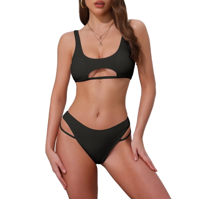 INSPIRAR CHIC Conjuntos de Bikini de Corte con Espalda al Descubierto para Mujeres de 2 Piezas, Top de Cuello Redondo y Parte Inferior en Triángulo, Trajes de Baño, Talla X-Small, Negro