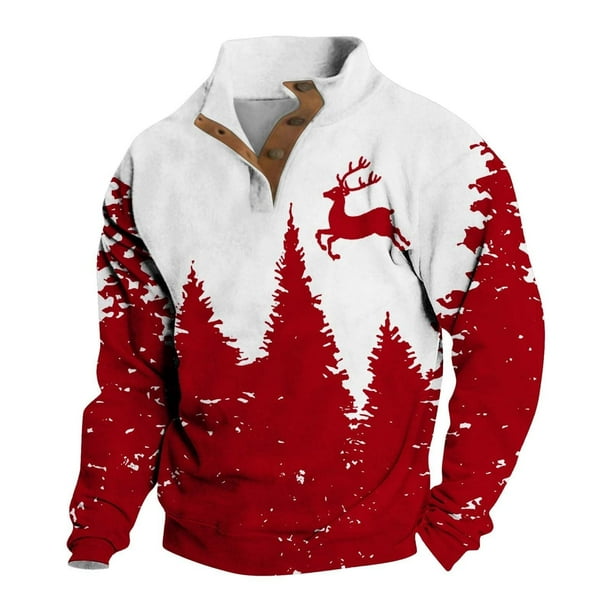 Sudadera sin capucha para hombre, moda, bolsillos, manga larga, estampado navideño, sudadera con capucha, blusa de poliéster para hombre.
