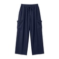 thumbnail image 3 of LEAVINGSUO Cargo Pants Women Linen Wide Leg Work Pants with Elastic Drawstring Waistband Casual Pants with Pockets Navy XL, 3 of 7