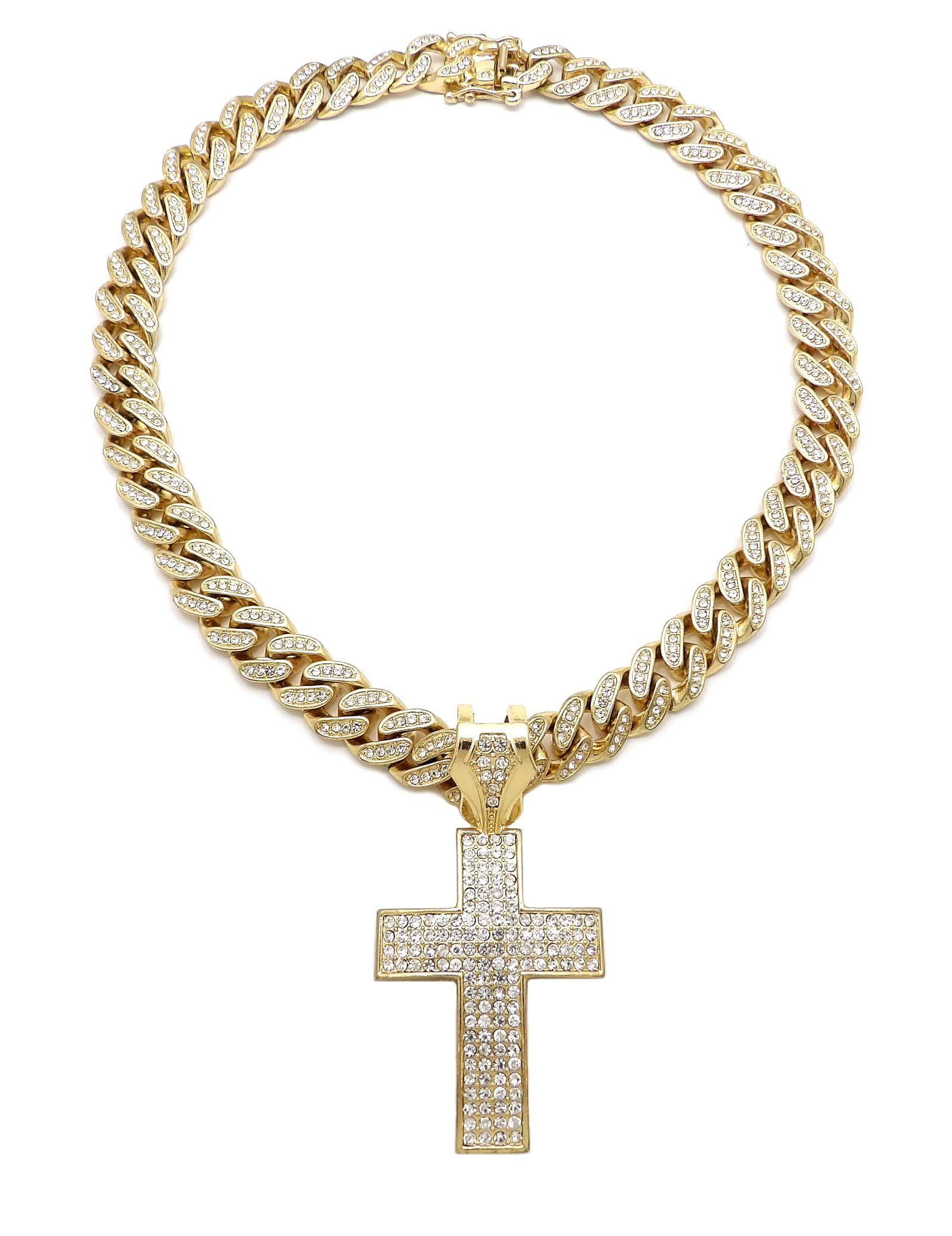 Details about   14K Gold IP Steel CZ Skinny Iced Out Cross Pendant With Chain 