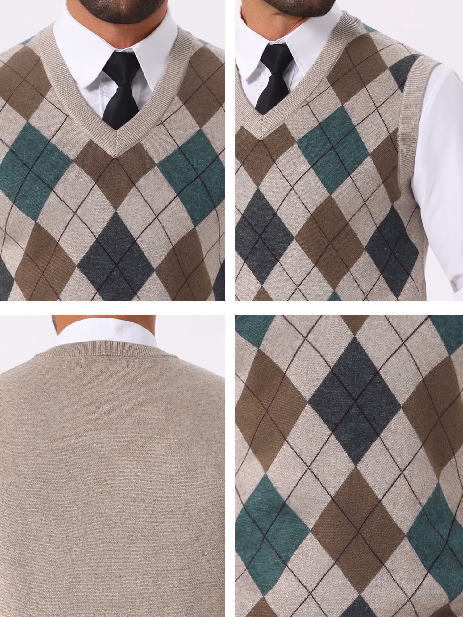 DARING DIVA Men's Casual Knit Sleeveless V-Neck Plaid Argyle Sweater Vest L Light Brown