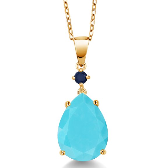 Gem Stone King 18K Yellow Gold Plated Silver Green Turquoise and Blue Sapphire Pendant Necklace for Women (6.15 Cttw, Pear Shape 16X12MM, Gemstone, with 18 inch Chain)