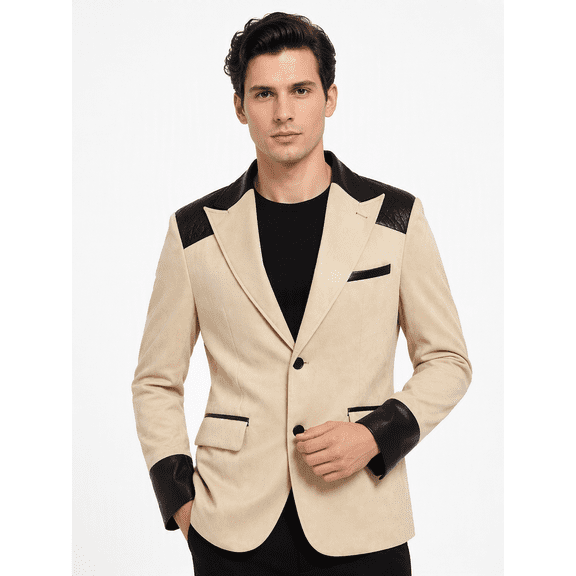 Tbfashion Blazer for Men Formal Dress Suit Jacket Beige Contrast Trim Business Party Coat