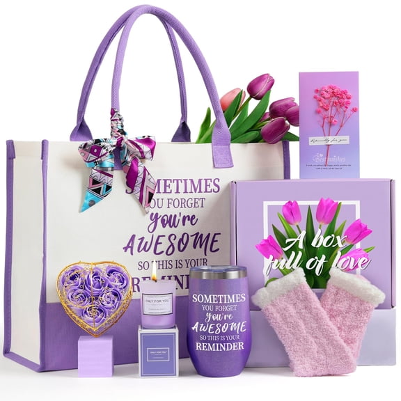 Gift baskets for Women, Gift Sets for Mom, Her, Wife, Girlfriend, Care Package for Women, Birthday Unique Gifts, Holiday Gifts Basket with Canvas Tote Bag Sock Tumbler Flower