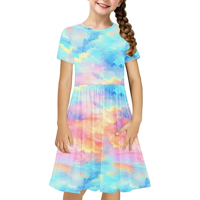 WRKEKC Robe Florale pour Filles, Robe Décontractée d'Été pour Filles, Enfants en Bas Âge Filles Mignonne Dégradé Imprimé Manches Courtes Robe Extensible Ligne A 9 Ans