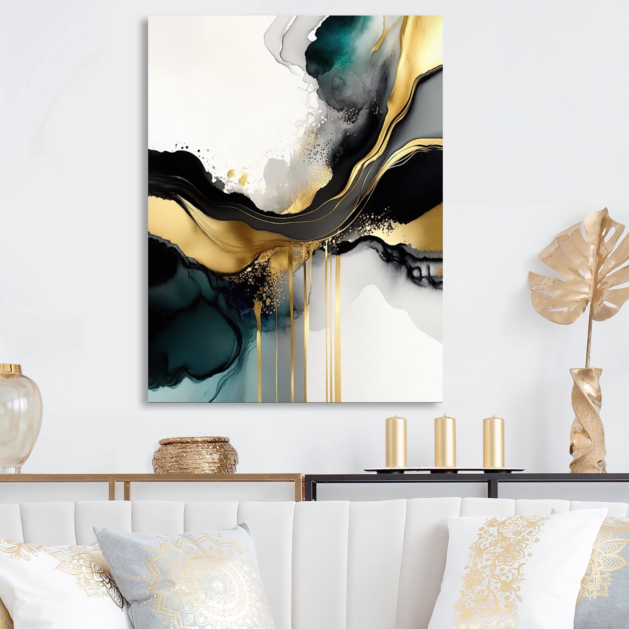 Designart Abstract Geode Marble White And Gold V Canvas Wall Art