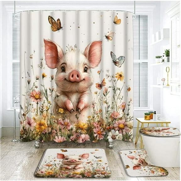 4 Piece Farmhouse Pig Shower Curtain Set with Rugs, Toilet Lid Cover,Spring Colorful Daisy Wiidflowers Butterfly Plant Country Animal Cartoon Bathroom Shower Curtain with Hooks
