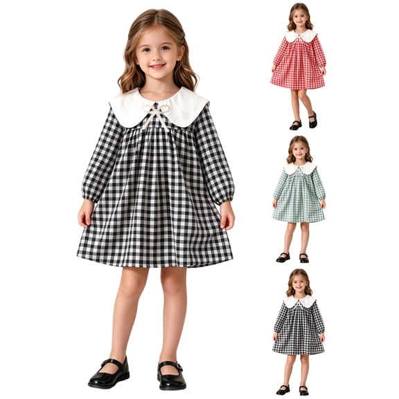 LEKWK Girls Gingham Dress Long Sleeve Peter Pan Collar Plaid Dresses Bow Tie Flowy A-Line Skirt Cute Wedding Guest Party Wear Black 7-8 Years