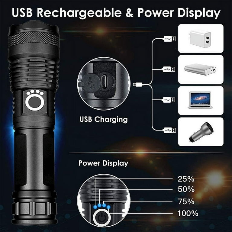 Rechargeable Flashlights 250,000 High Lumens, Powerful LED Flash Light with 3 Modes, Super Bright & Ipx5 Waterproof Torch for Camping, Home