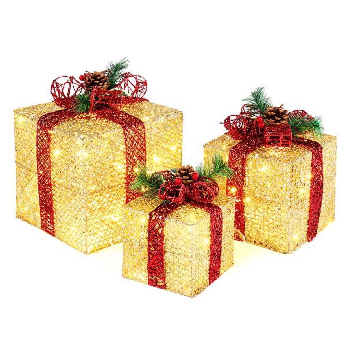3PCS Golden Gift Box, Garden Gift Box Decoration 5M Long Power Cord, 10 inch 8 inch 6 inch