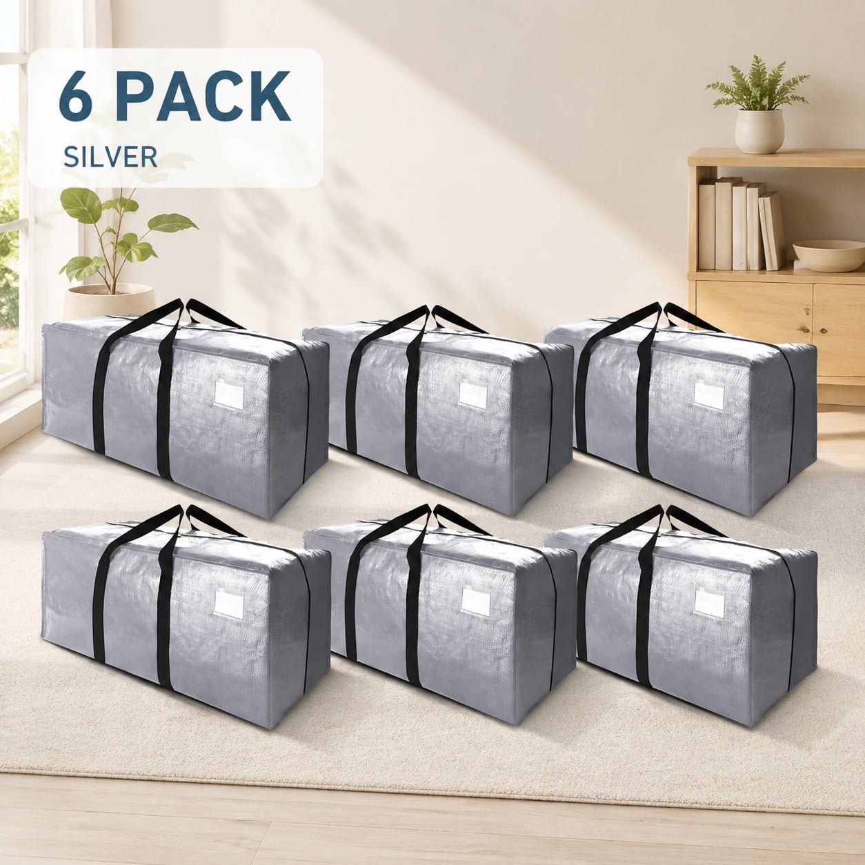 Heavy Duty Extra Large Moving Bags with Backpack Straps - Strong Handles & Zippers Space Saving Storage Totes Fold Flat Alternative to Boxes (Set of 6 Silver)