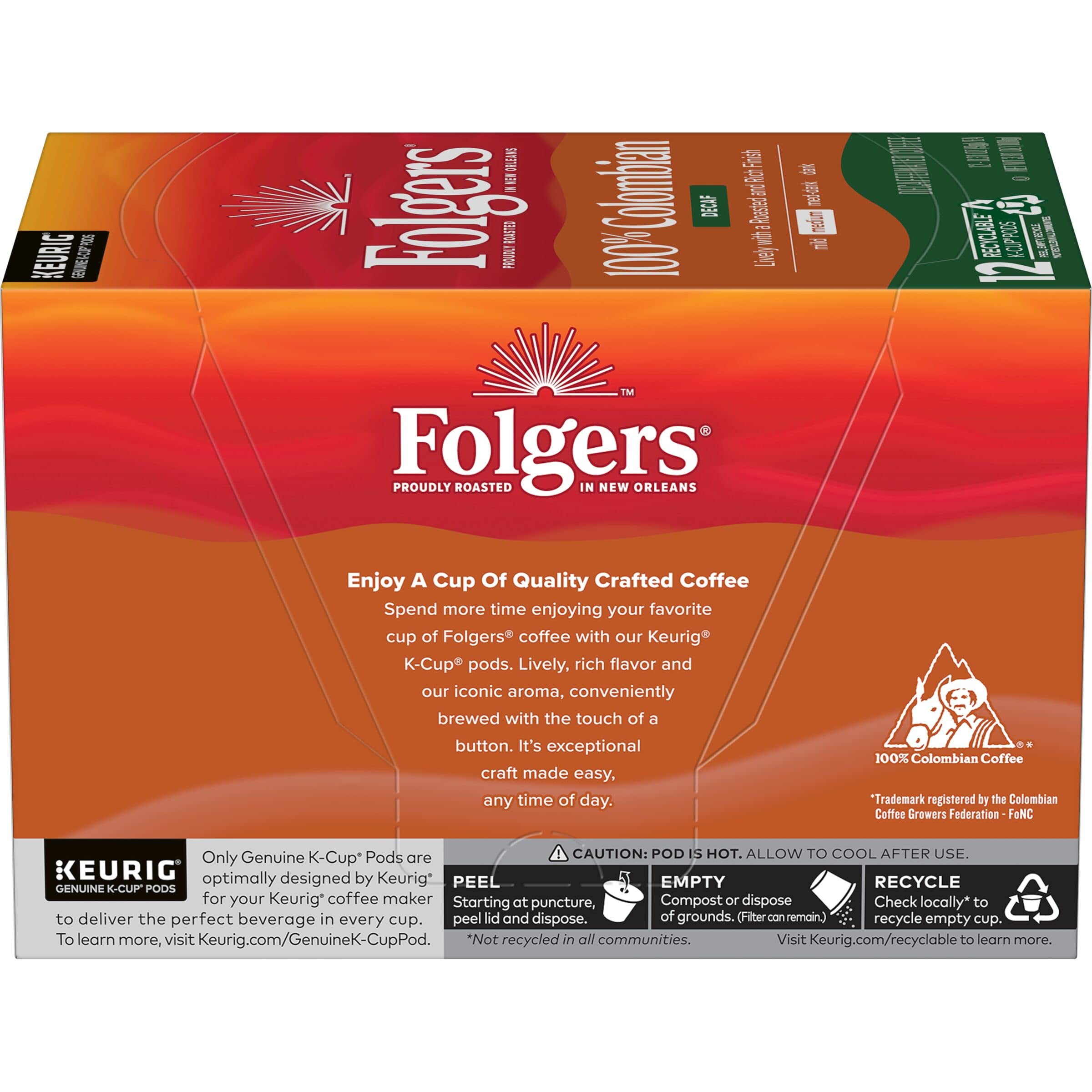 Folgers 100 Colombian Decaf Medium Roast Coffee Keurig Kcup Pods, Lively Columbian, 12 Count (Pack Of 2).