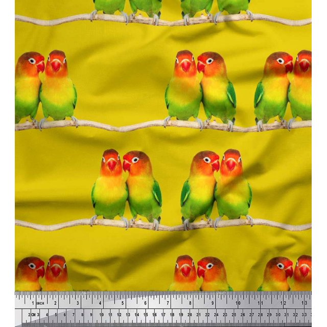Soimoi Crepe Silk Fabric Branch & Colorful Parrot Bird Print Fabric by The Yard 42 Inch Wide