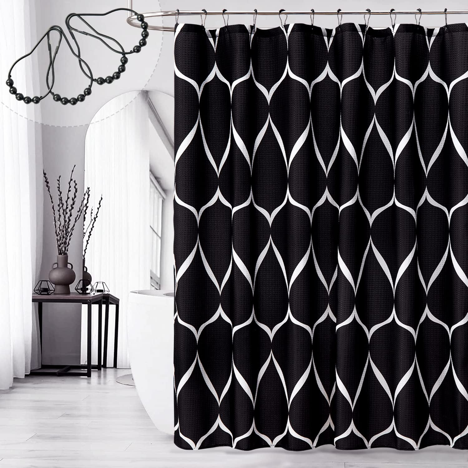 Extra Long Fabric Shower Curtain 84 Inch Long Waffle Weave Weighted