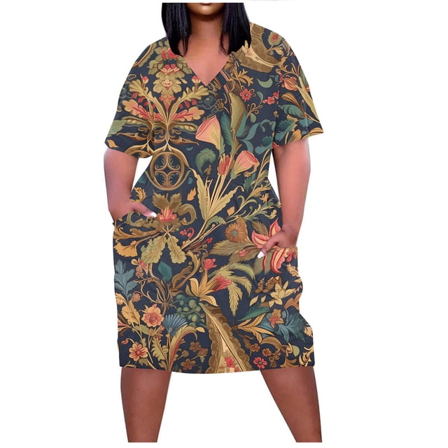 Pisexur Robes d'Été pour Femmes Mode Multicolore à Imprimé Floral Robe Soleil Décontractée Ample à Col en V à Manches Courtes Robes T-Shirt Fluides Surdimensionnées Robe Soleil avec Poches Grande Taille Robe Midi G-5TG
