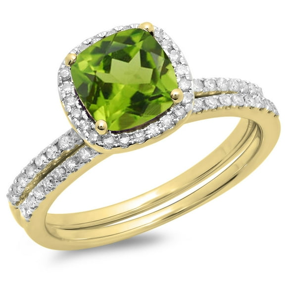 Dazzlingrock Collection 10K Peridot & White Diamond Bridal Halo Engagement Ring Matching Band Set, Yellow Gold, Size 6.5