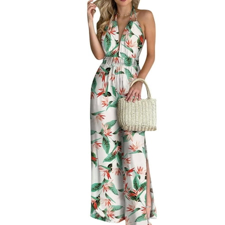 

Luiryare Women Floral Print Backless Romper Sleeveless Deep V-neck Jumpsuit