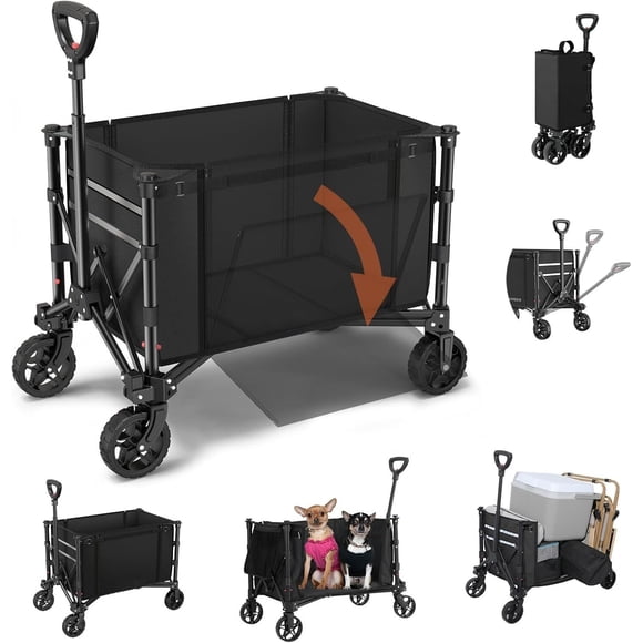 3 in 1 Collapsible Wagon Converts to Bench 220 lbs Foldable Wagon Cart with Wheels 120L Utility Wagon for Beach Garden Camping Sport Black