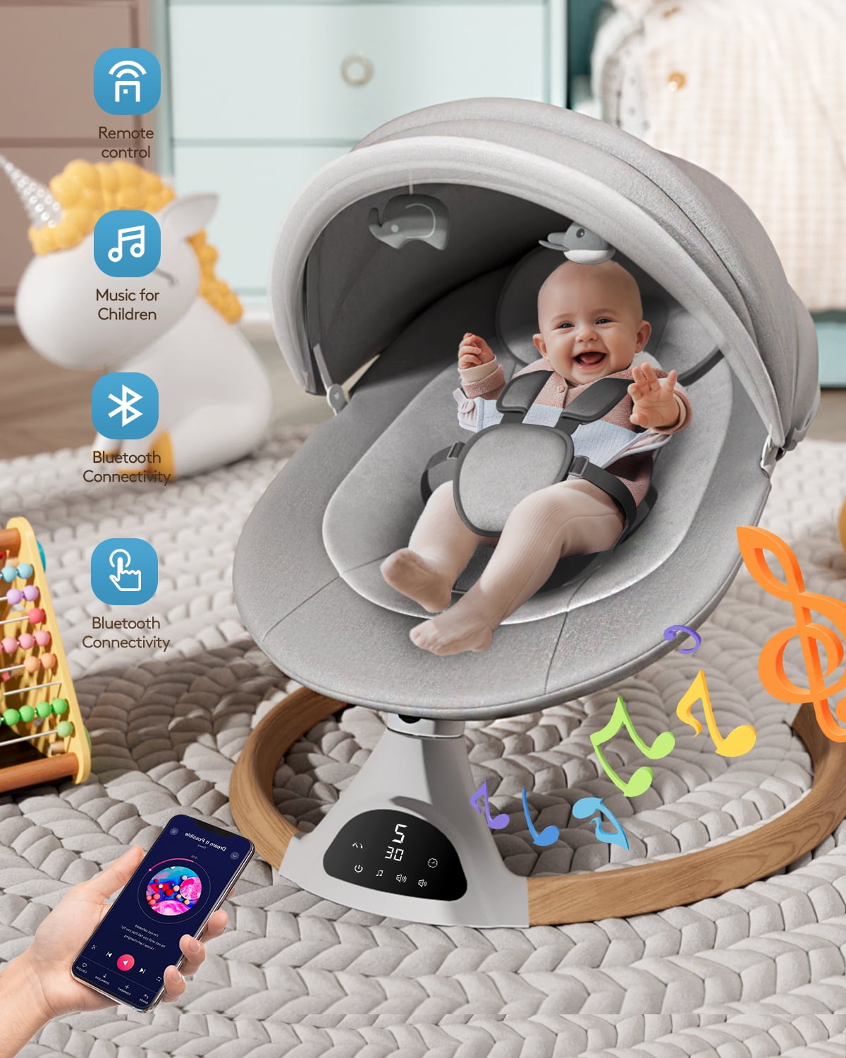Babyomi Baby Swing for Infant, Electric Bluetooth Swing Rocker with 5 Sway Speeds& 10 nursery rhyme , Gray