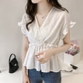 thumbnail image 4 of Camisa de mujer Cuello en V Manga corta Blusa de rayas con volantes Top casual, Blanco, 3XL Methold AP001462-05, 4 of 7