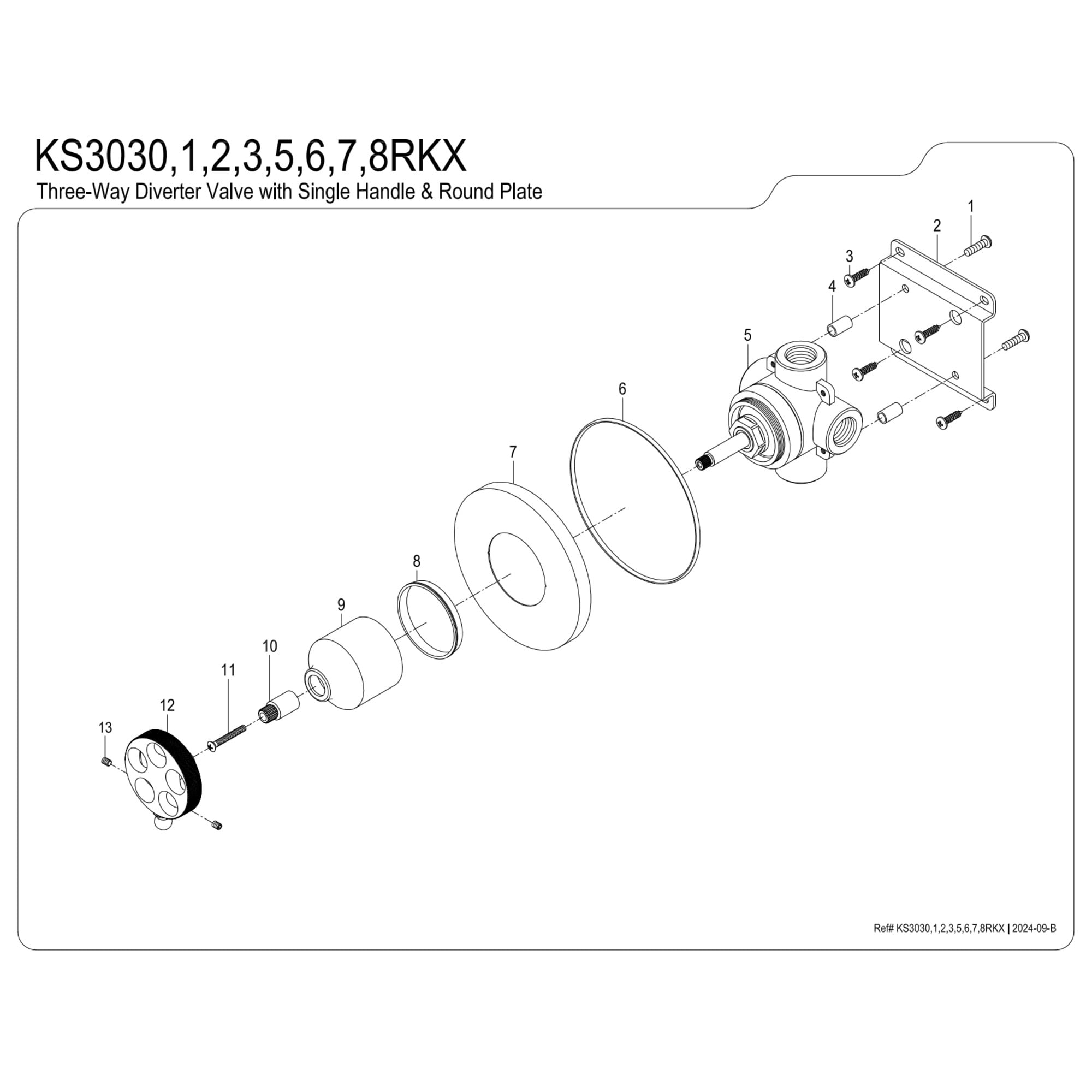 Kingston Brass KS3037RKX Webb Single-Handle Three-Way Diverter Valve with Round Trim Kit, Brushed Brass