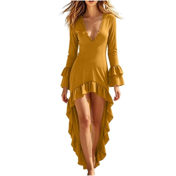 Dvprdro Womens Long Sleeve V Neck Dress Ruffle Hem High Low Hem Pleated Detail Solid Color Casual Fall Winter Holiday Dresses