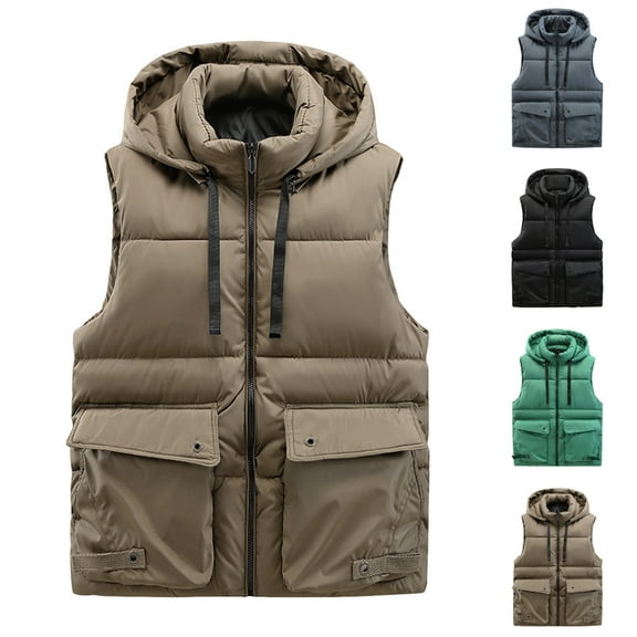 Men Hooded Padded Jacket Vest Fall Winter Plus Size Mens Warm Gilet Solid Color Sleeveless Jackets Waistcoat Outerwear with Pockets