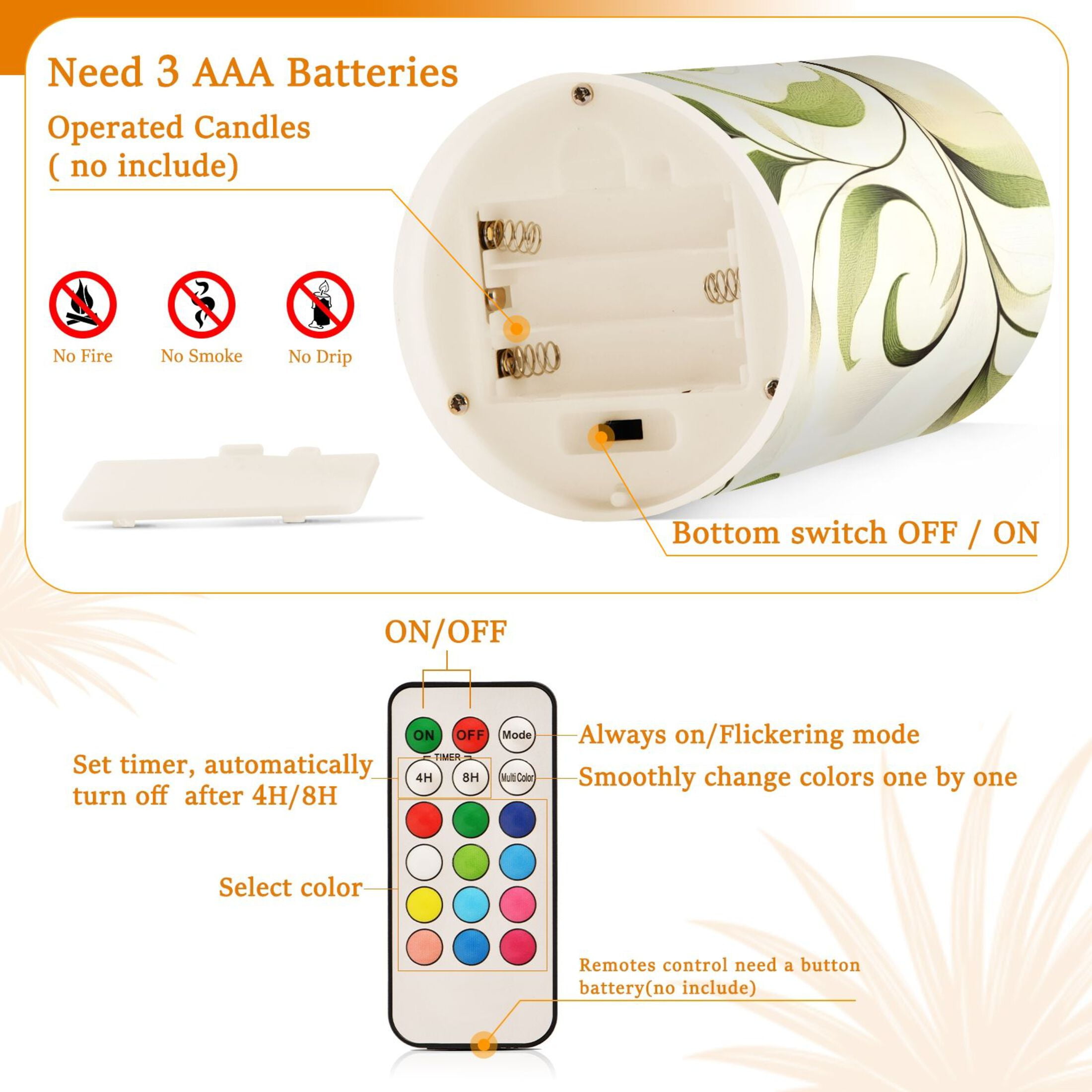 Simple Leaf Lines Flickering Flameless Candles Battery Operated with Remote Timer LED Pillar Candles Set of 2
