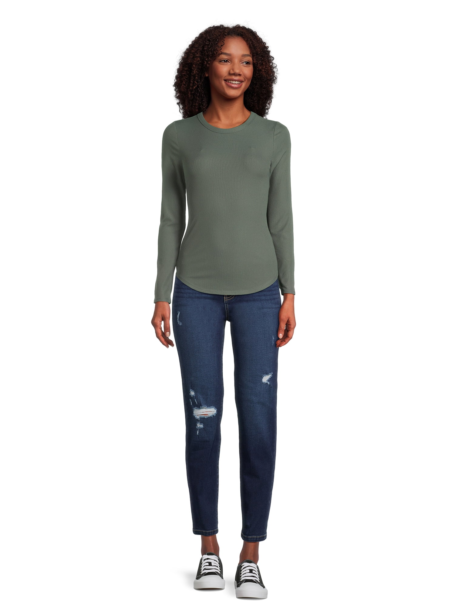 No Boundaries Juniors Ribbed Crewneck Tee with Long Sleeves No Boundaries Juniors Ribbed Crewneck Tee with Long Sleeves