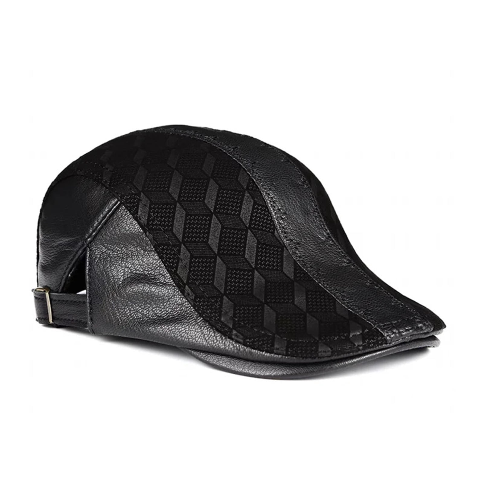 Genuine Leather Thin Print Geometry Berets Hats For Men Duckbill Leisure Black/Brown 54-61cm Fitted Cabbie Bonnet ,Unisex