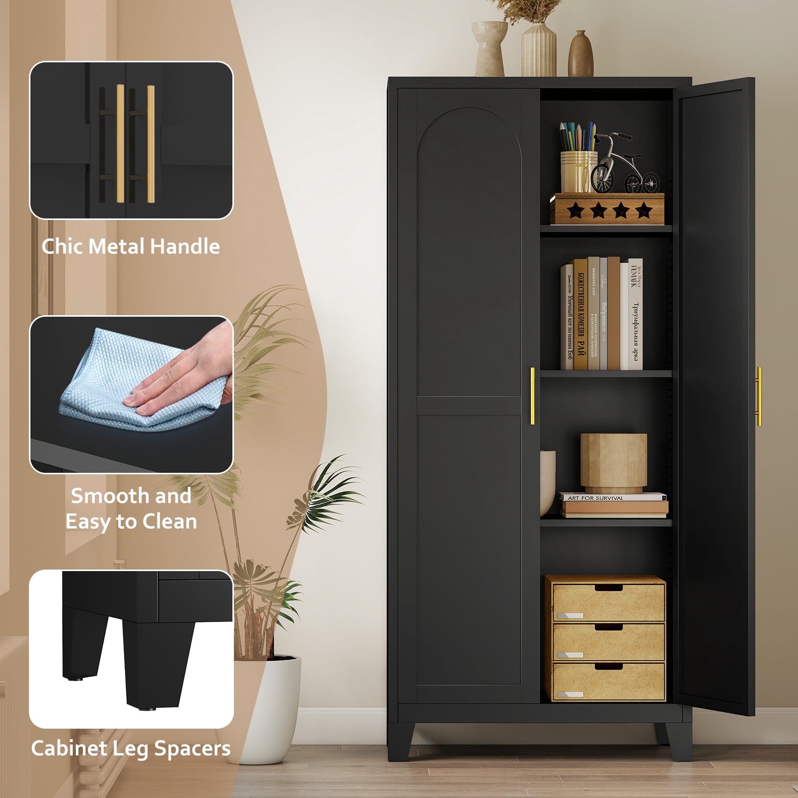 LIZEVINC 61.2in Pantry Cabinet, Metal Shapely Doors Cabinet with Doors and Adjustable Shelves, Food Pantry Cabinet for Kitchen,Dinning Room- Assembly Required(Black)