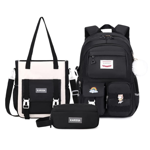 Mochila MUSEVOS Kawaii para Niñas con Set Escolar de 3 Piezas Negra