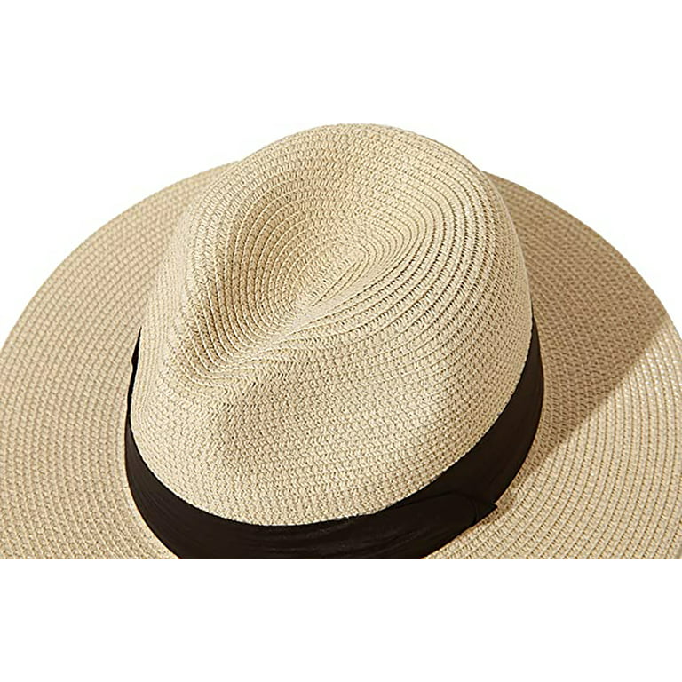Lanzom Women Wide Brim Straw Panama Roll Up Hat Fedora Beach Sun Hat UPF50+ (Khaki) One Size