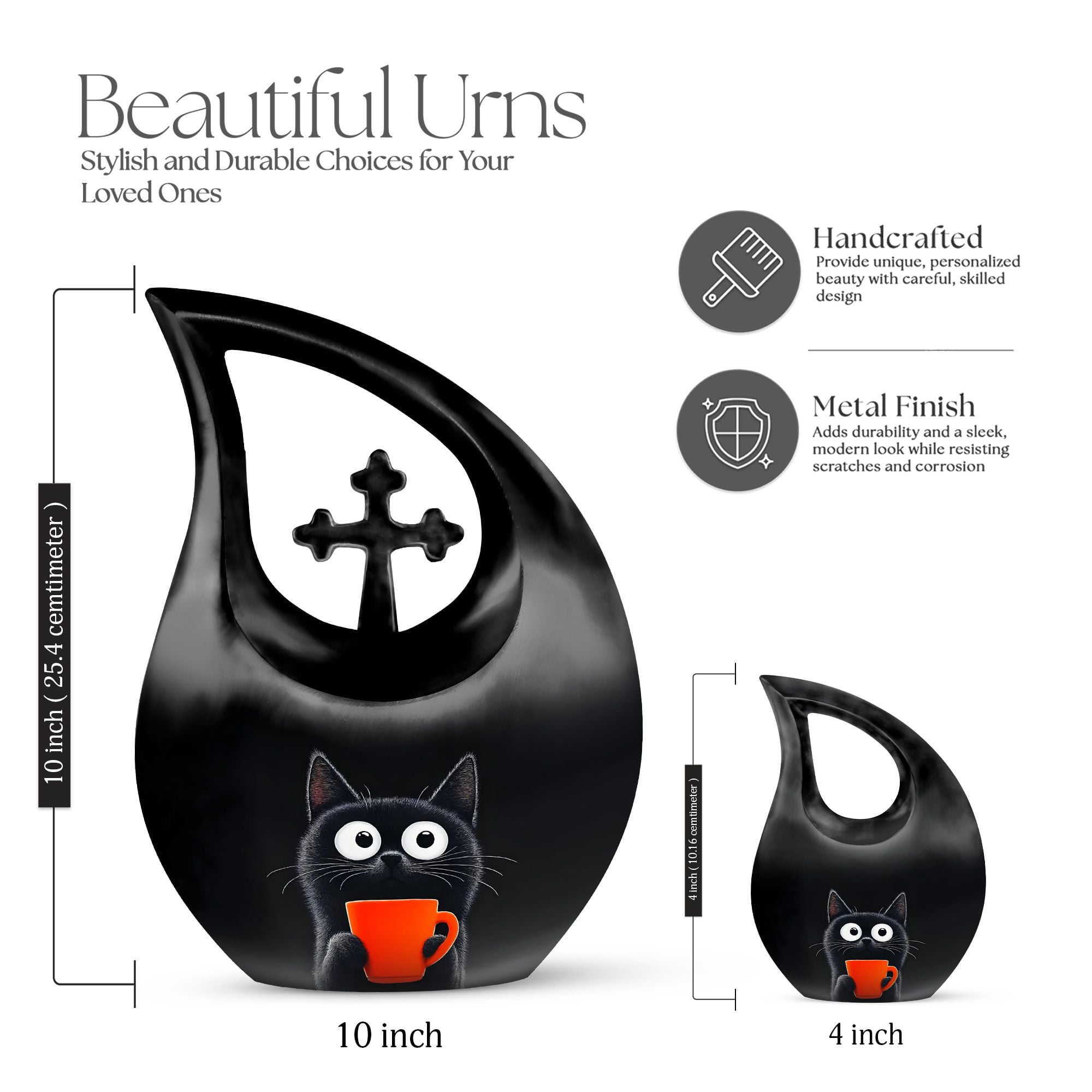 MUKTIVE Black CatUrn for Human Ashes, Decorative Funeral Large Urn for Ashes for Women and Men, (Cross Drop Large, 10 Inch)