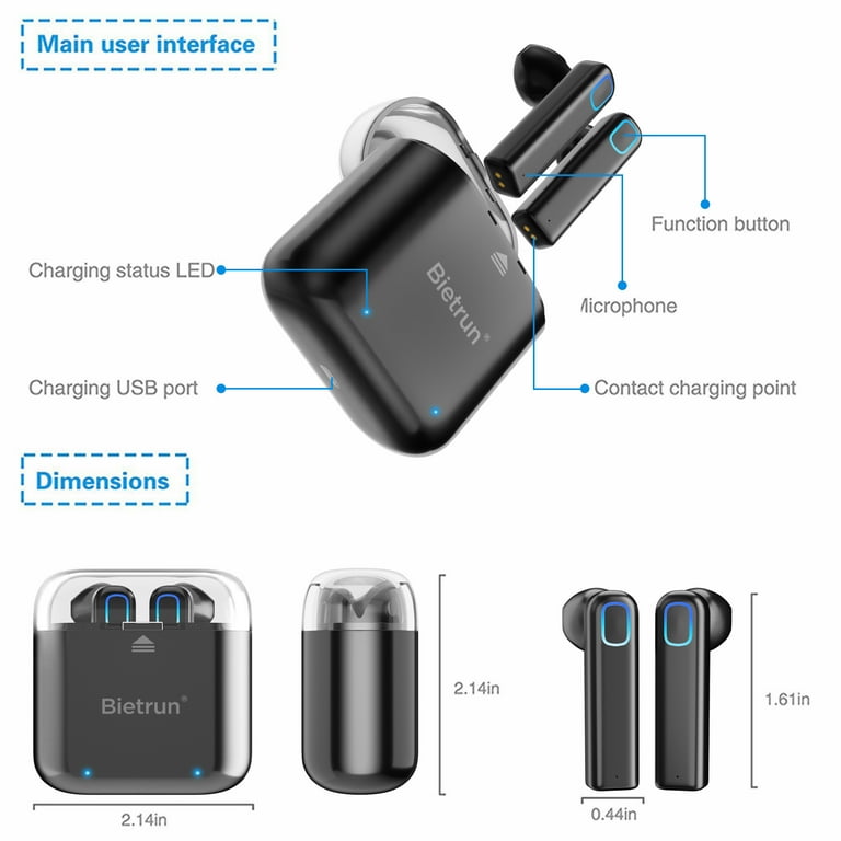 Bluetooth Wireless Earbuds Bietrun Bluetooth 5.0 Wireless Headphone with Built in Mic and Charging Case Hands free Calling Sweatproof In Ear Headset Earphone Earpiece for iPhone Android Smart Phones W...