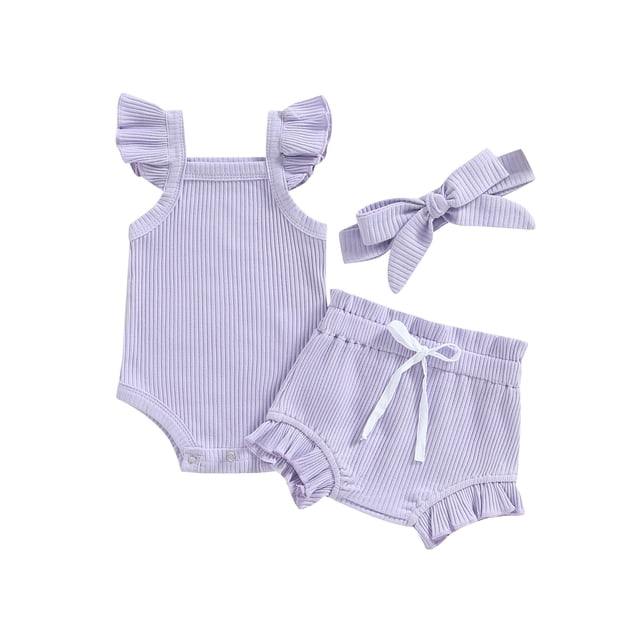 xiaxaixu Toddler Girls Clothes, Fly Sleeve Solid Color Romper Tops Drawstring Short Pants Headband Casual Outfits