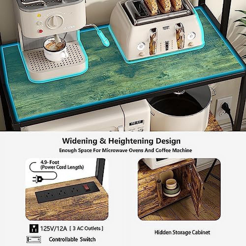 5-Tier Kitchen Bakers Rack with Power Outlet, Industrial Microwave Oven Stand with Shelves, Kitchen Utility Storage Shelf with Cabinet, Standing Kitchen Storage Rack, Rustic Brown
