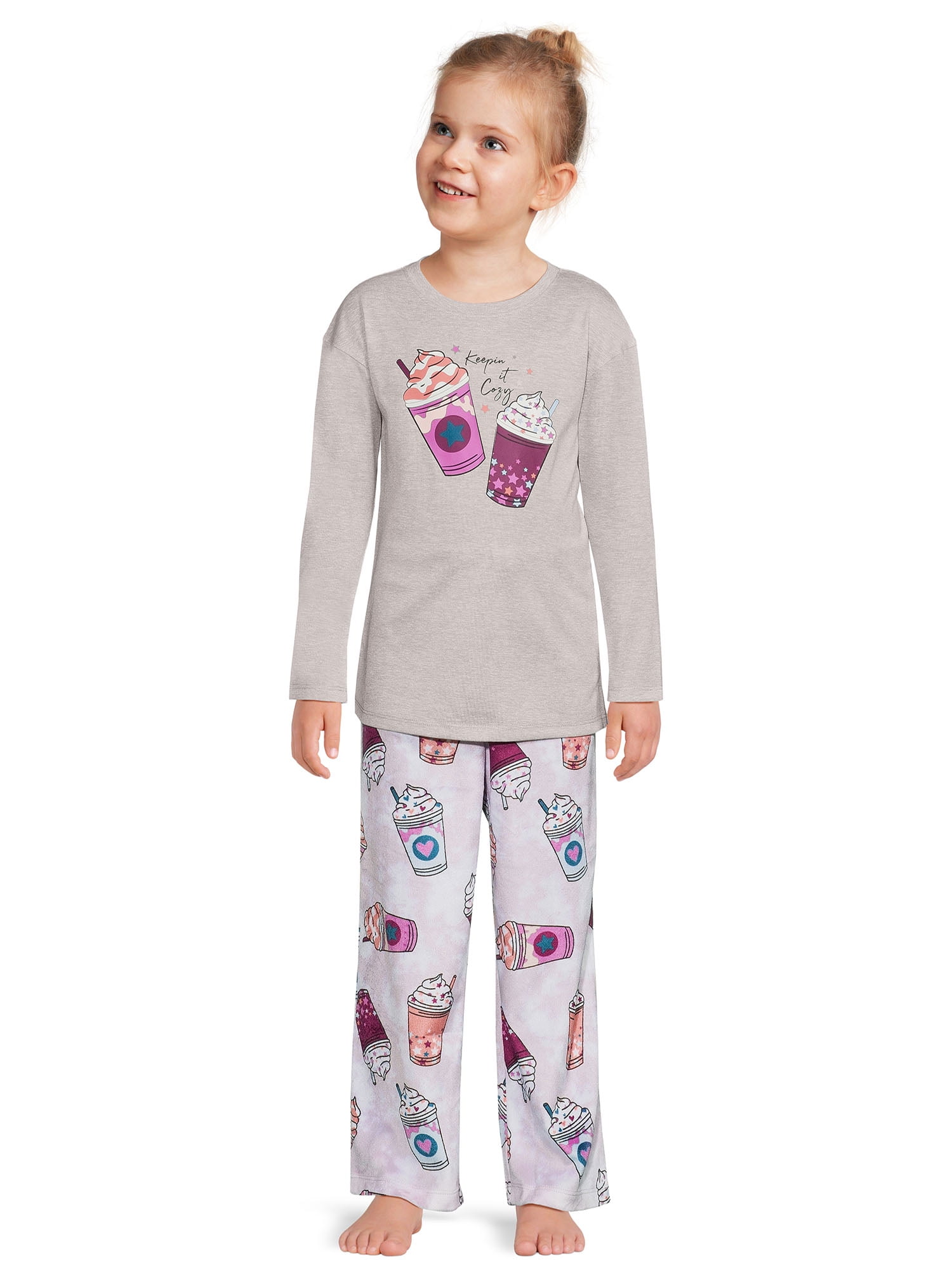 Wonder Nation Girls Long Sleeve Top and Jersey Pants with Knit Flannel, 2-Piece Pajama Sleep Set, Sizes 4-18 & Plus