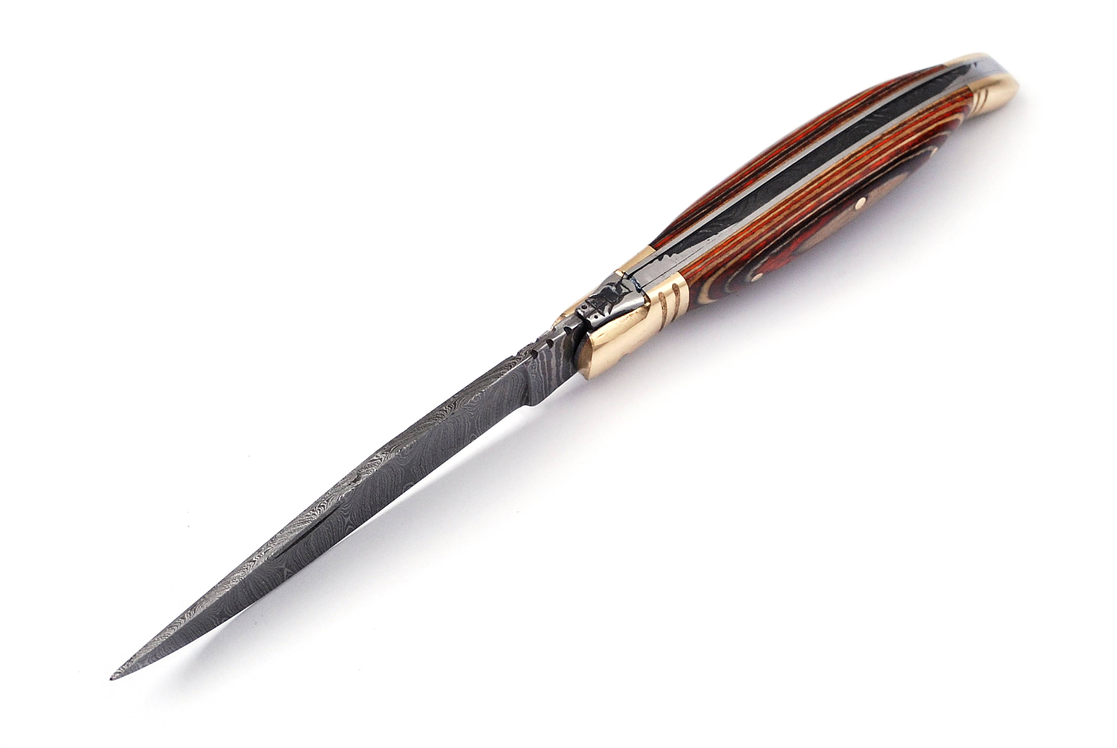 Damascus steel folding knife with leather sheath, 8.5 inches long laguiole pocket knife with 4 inches long Damascus steel Blade, 4.5 inches Brown multi shade wood scale with Brass bolster and pommel