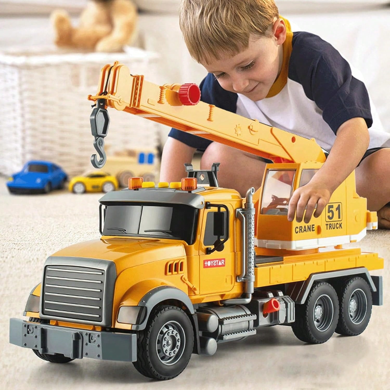 Large Crane Truck Toy for 3+ Years Old Boys Girls, Kids Construction Toys with Sound and Light Friction Powered Transport Truck Crane Vehicle Toy for Toddler Christmas Birthday Gifts