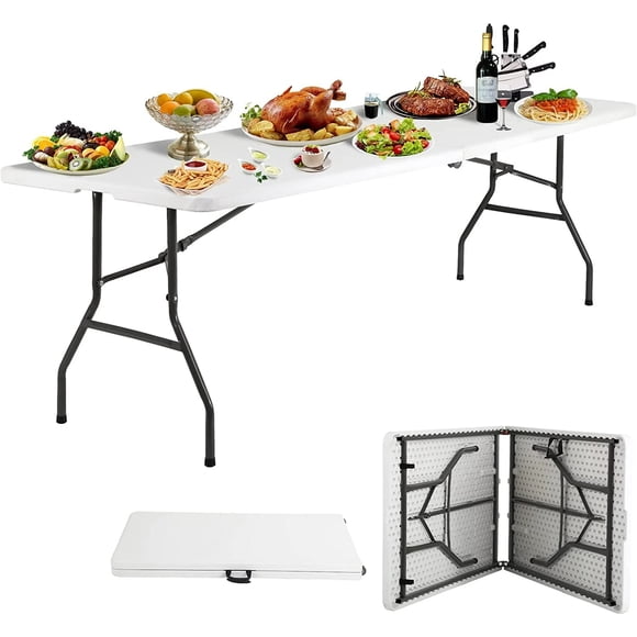 NiamVelo Folding Table 8 ft Heavy Duty Foldable Table Camping Working Table Indoor Outdoor Plastic Table Utility Party Dining Table with Lock Function, White