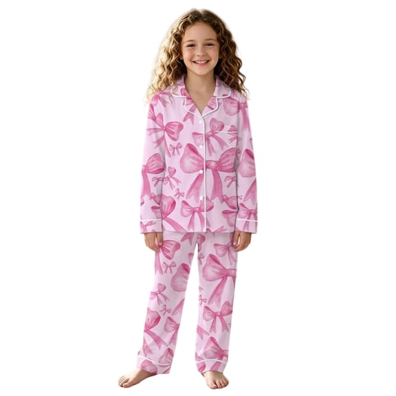 Ticikt Girls Bow Print Pajama Set, Soft 2 Piece Loungewear Long Sleeve Top & Pants Sleepwear for Kids,Pink