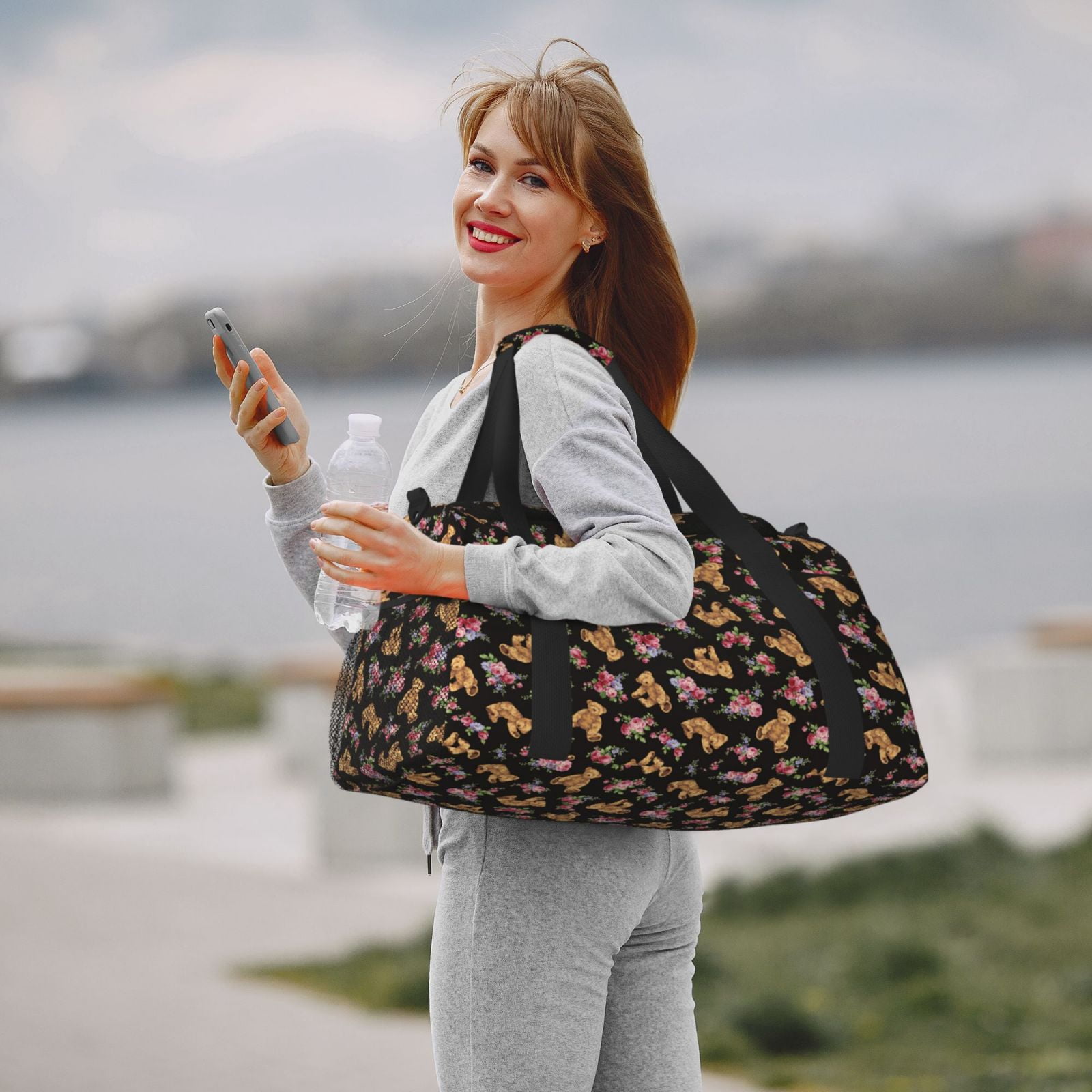 Fuzoiu Rose Flower Bear Print Travel Duffle Bag,Carry On Tote Bags,Duffel Bag,Sport Gym Bag, Hospital Bag for Labor and Delivery, Overnight Bag,Luggage Bag