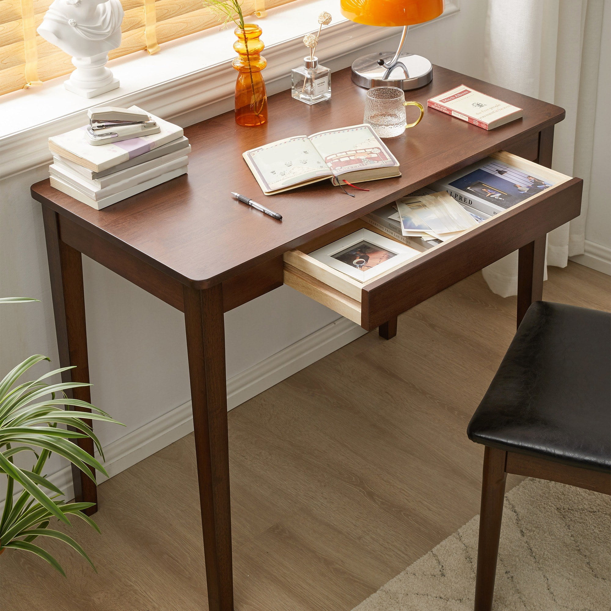 Small Solid Wood Desk with Storage Drawer, Compact Home Office Writing Table for Bedroom & Small Spaces, Walnut