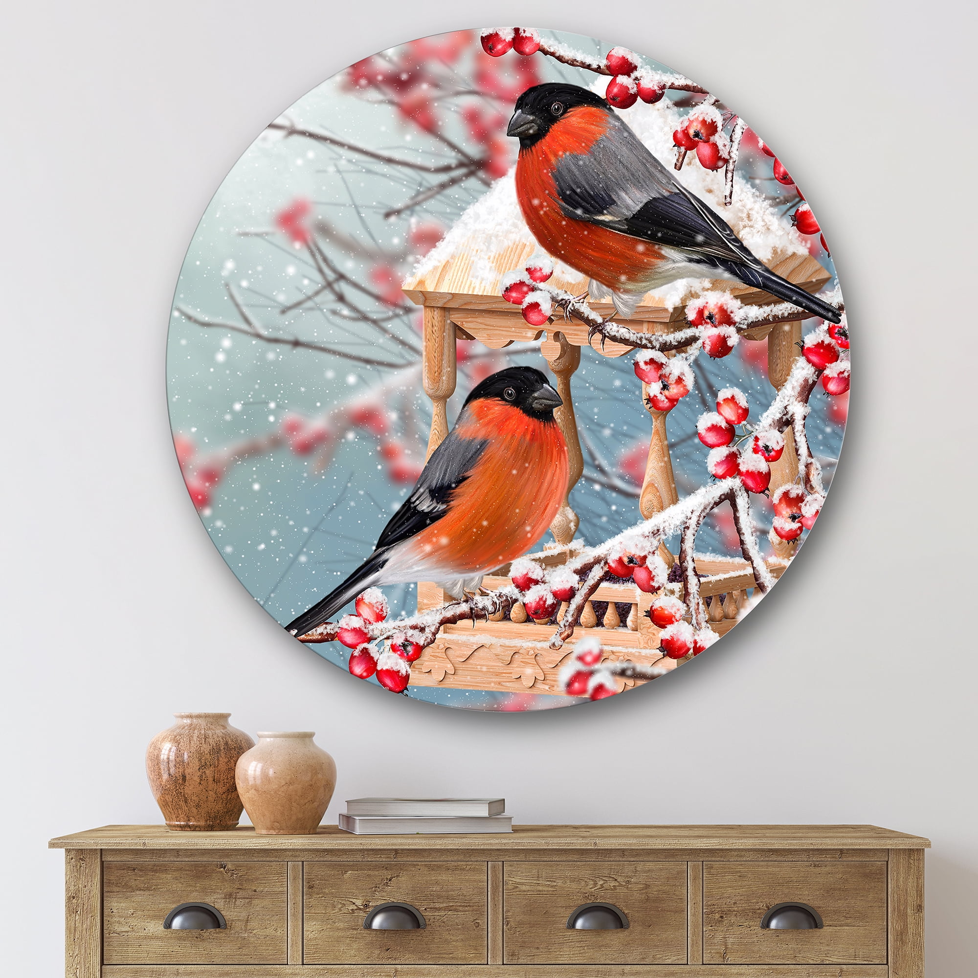 Designart 'Two Tits Sit On A Snow-Covered Berries Branch ' Traditional Circle Metal Wall Art 29x29 - Disc of 29