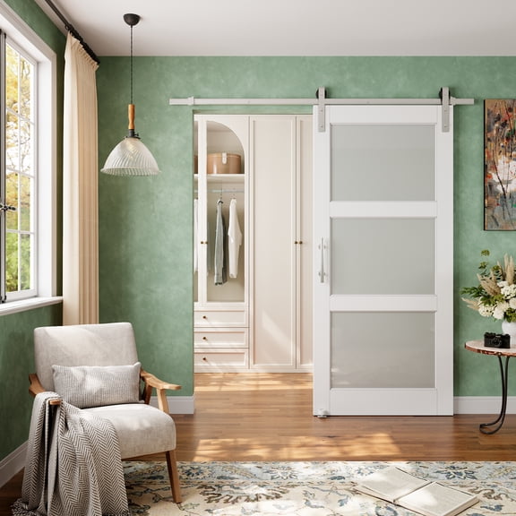 36" x 80" 3-Lite Frosted Glass And Solid Manufactured Wood With Nickel Plated Installation Hardware Kit Sliding Barn Door(No Assembly Required)