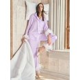 thumbnail image 2 of Conjunto de pijama de satén para mujer, ropa de dormir de un solo pecho con cuello vuelto, con plumas, Color liso, 2 of 3
