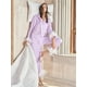 thumbnail image 2 of Conjunto de pijama de satén para mujer, ropa de dormir de un solo pecho con cuello vuelto, con plumas, Color liso, 2 of 4
