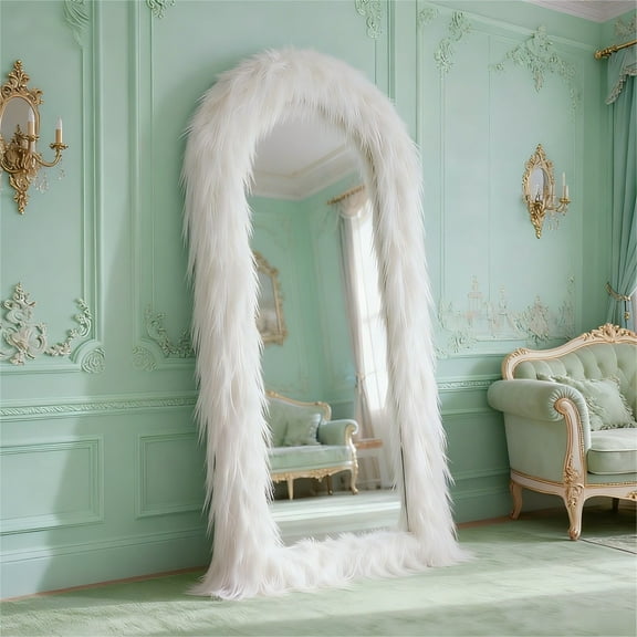 BEAUTYPEAK 71"x 32"Arched Full Length Mirror Large Free Standing Furry Faux Fur Framed,White