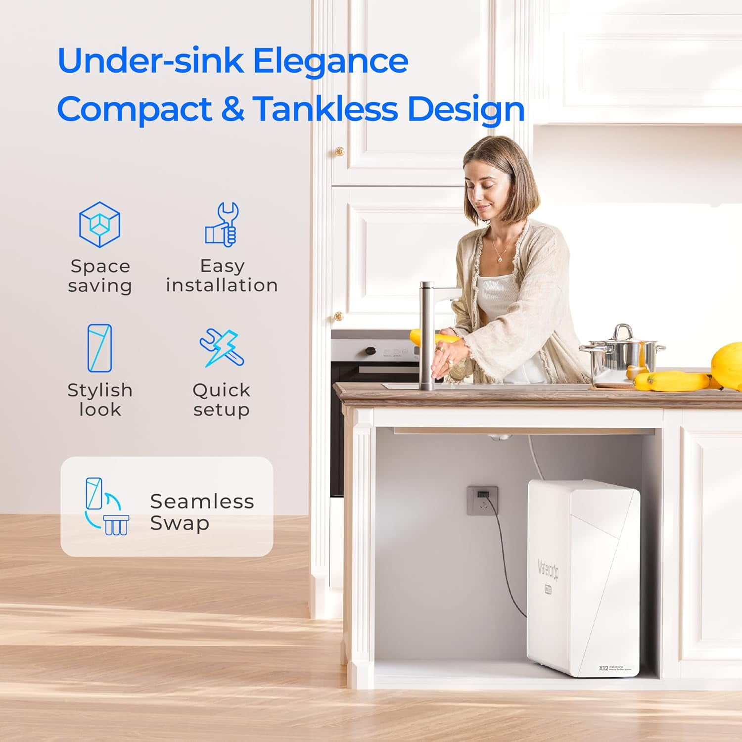 Waterdrop X12-Basic Tankless RO Water Filte 1200 GPD Undersink Reverse Osmosis System, 10-Stage Filtration RO Water Filtration System, 3:1 Pure to Drain, BPA Free
